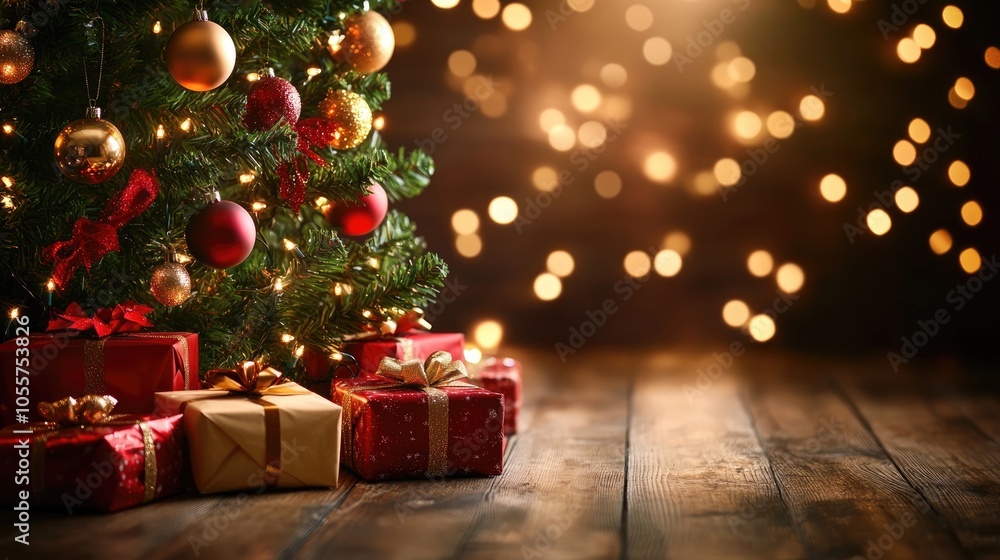 Festive holiday backdrop featuring a Christmas tree presents and joyful decorations glowing brightly Festive holiday backdrop featuring a Christmas tree presents and joyful decorations glowing brightly