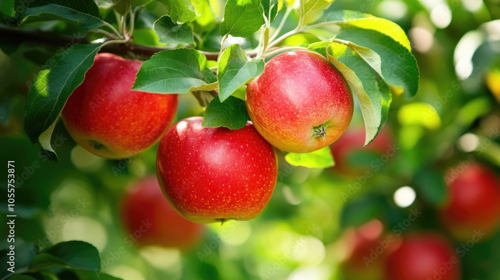 Ripe organic red apples growing on branches surrounded by lush green leaves in a sunny orchard Ripe organic red apples growing on branches surrounded by lush green leaves in a sunny orchard