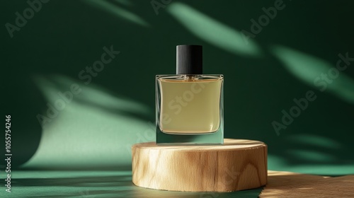 Men s cologne showcased on a wooden stand against a green craft paper backdrop for promoting masculine fragrances photo