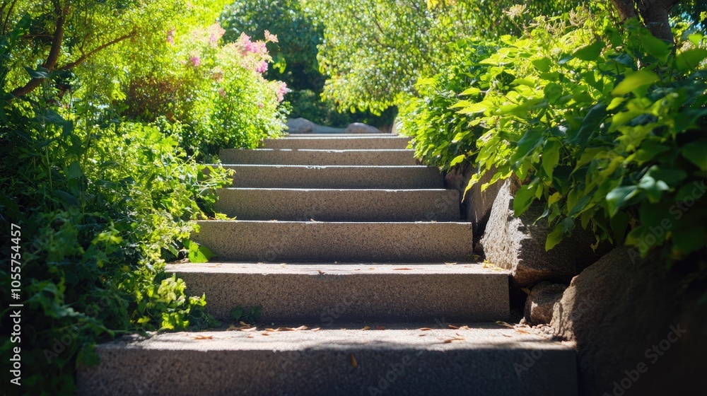 Staircase in perspective surrounded by lush greenery in a sunny park inviting exploration through nature Staircase in perspective surrounded by lush greenery in a sunny park inviting exploration through nature