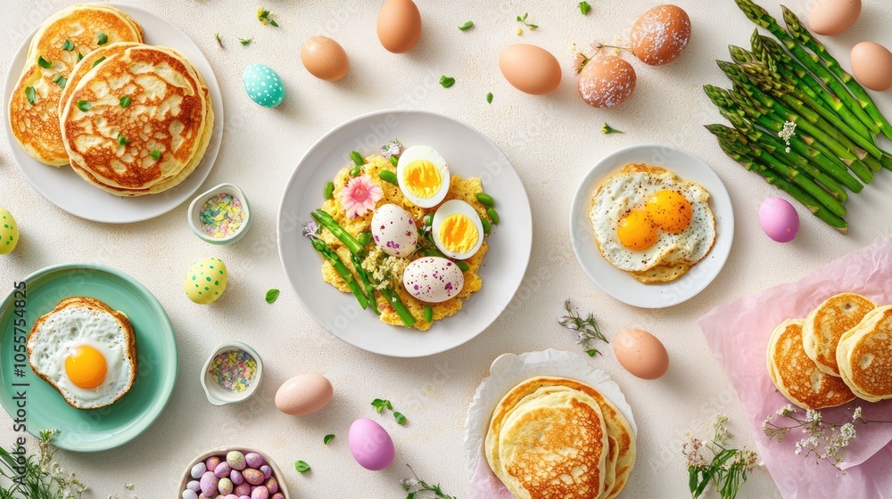 Easter themed breakfast flat lay featuring scrambled eggs bagels pancakes toast with fried egg green asparagus and colorful quail eggs Top view with ample negative space Easter themed breakfast flat lay featuring scrambled eggs bagels pancakes toast with fried egg green asparagus and colorful quail eggs Top view with ample negative space