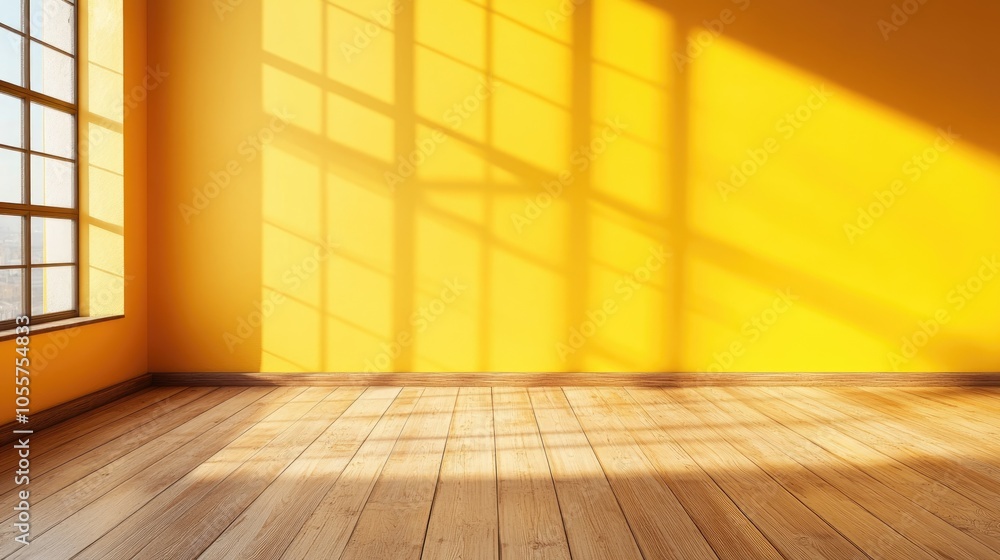 Bright yellow empty space featuring a wooden floor a window and a wall ideal for use as a blank backdrop or wallpaper Bright yellow empty space featuring a wooden floor a window and a wall ideal for use as a blank backdrop or wallpaper