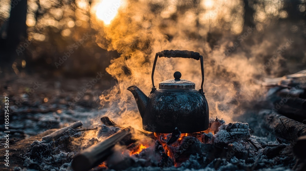 Sooty kettle boiling over a campfire surrounded by smoke in a wooded setting with a hot beverage inside Sooty kettle boiling over a campfire surrounded by smoke in a wooded setting with a hot beverage inside