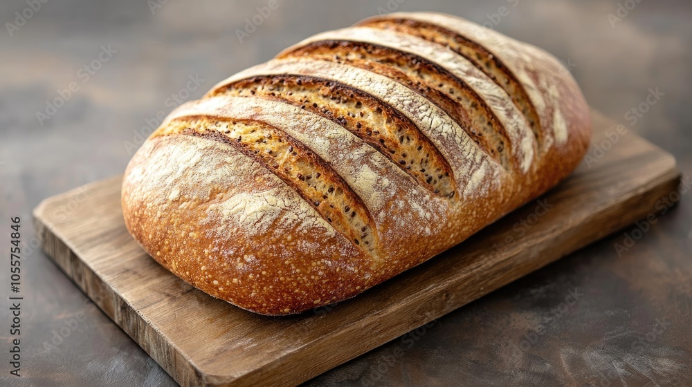 Freshly Baked Multigrain Bread Loaf on a Wooden Board Perfect for Bakery and Pastry Themes Freshly Baked Multigrain Bread Loaf on a Wooden Board Perfect for Bakery and Pastry Themes