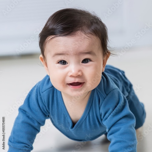 cute asian baby sitting on the floor isolated on white background