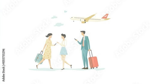 Flat UI Illustration of Online Travel Booking with Laptop, Airplane, and Business Casual Style