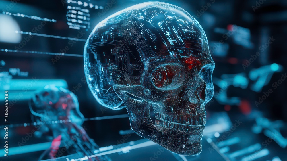 Obraz premium A translucent, digital skull with circuit patterns, suggesting advanced technology and AI.