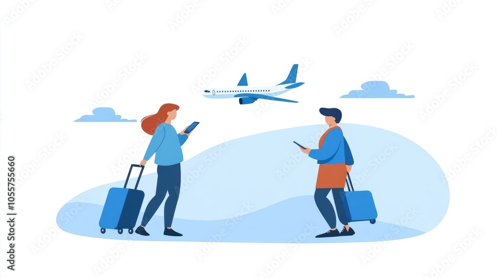 Flat UI Illustration of Online Travel Booking with Laptop, Airplane, and Business Casual Style Flat UI Illustration of Online Travel Booking with Laptop, Airplane, and Business Casual Style