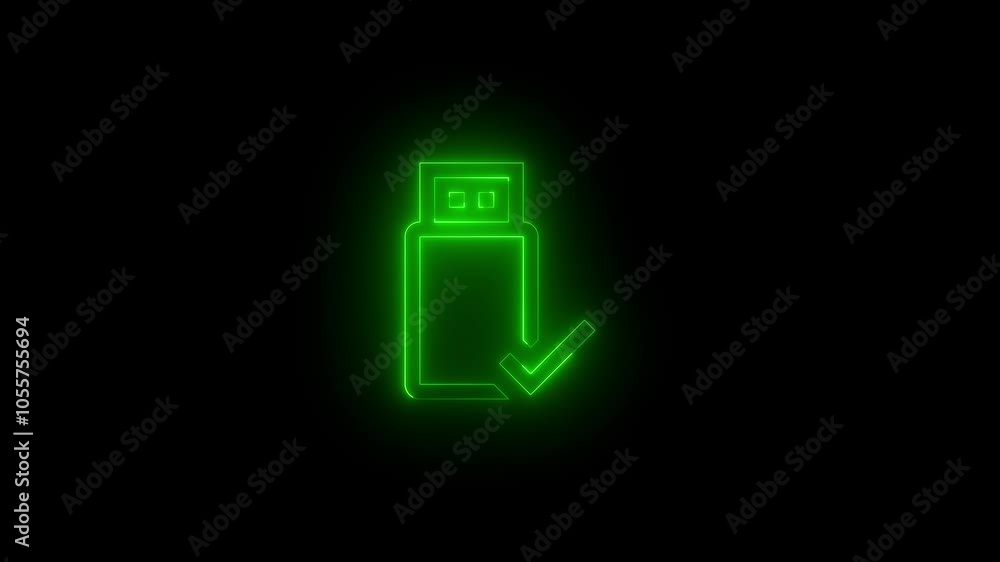 Neon usbsafe connect icon glowing black background animation Neon usbsafe connect icon glowing black background animation