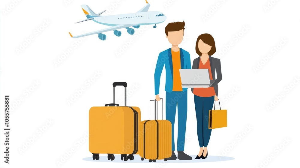 Flat UI Illustration of Online Travel Booking with Laptop, Airplane, and Business Casual Style Flat UI Illustration of Online Travel Booking with Laptop, Airplane, and Business Casual Style