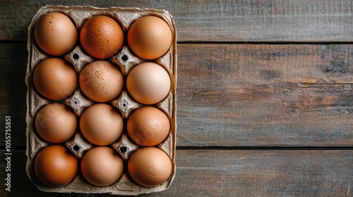 Fresh chicken eggs in a carton placed on a rustic wooden table photo