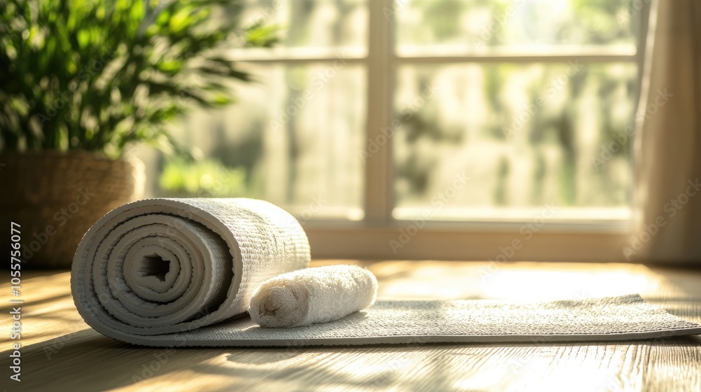 A neatly rolled yoga mat sits next to a folded towel on a smooth wooden floor while soft natural light filters through the windows creating a serene and calm atmosphere A neatly rolled yoga mat sits next to a folded towel on a smooth wooden floor while soft natural light filters through the windows creating a serene and calm atmosphere