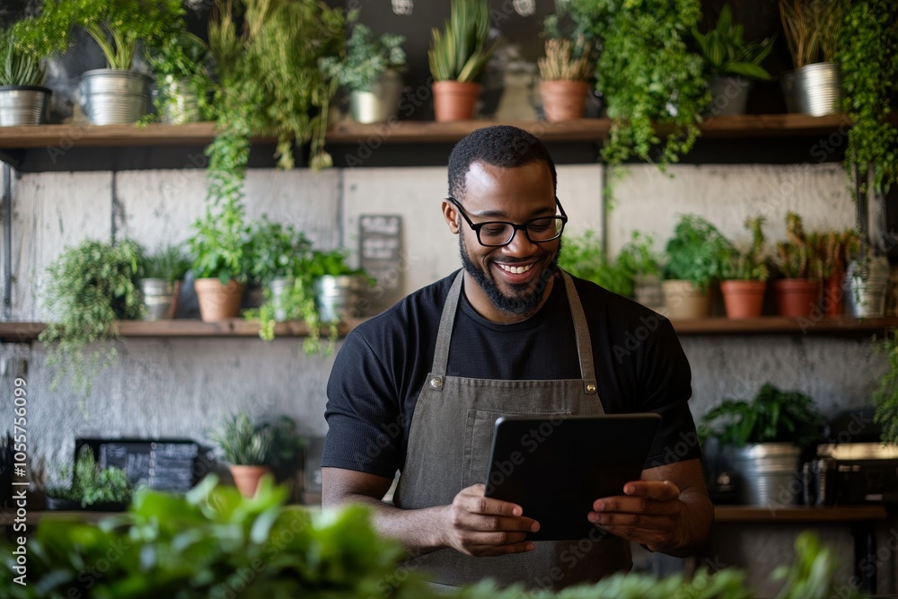 Cheerful man with glasses engaged with tablet in a lively, plant filled modern setting Cheerful man with glasses engaged with tablet in a lively, plant filled modern setting