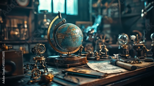 Antique globe and vintage scientific instruments in a study room