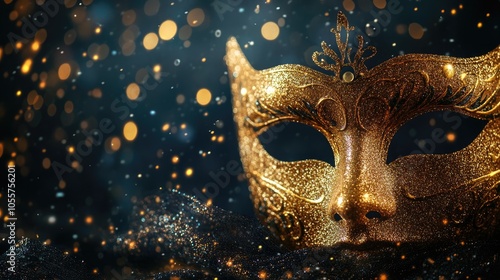 Golden Carnival mask against a dark backdrop with sparkles embodying a festive theme Ideal for creative copy and design purposes photo