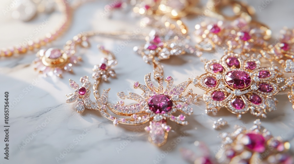 Intricate jewelry design featuring an array of gold and pink gemstones along with diamonds and rubies displayed on a marble surface Intricate jewelry design featuring an array of gold and pink gemstones along with diamonds and rubies displayed on a marble surface