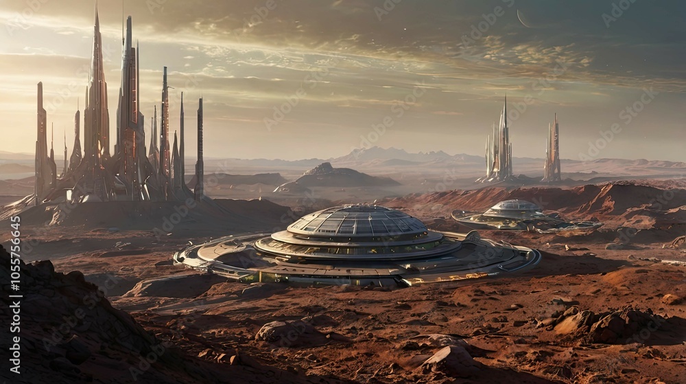 Obraz premium Futuristic City of the Future at Sunset: High Technology and Architectural Inspiration