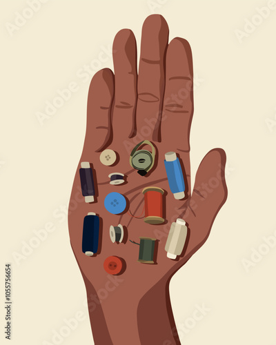 A hand displays a compact sewing kit featuring different colored threads and buttons
