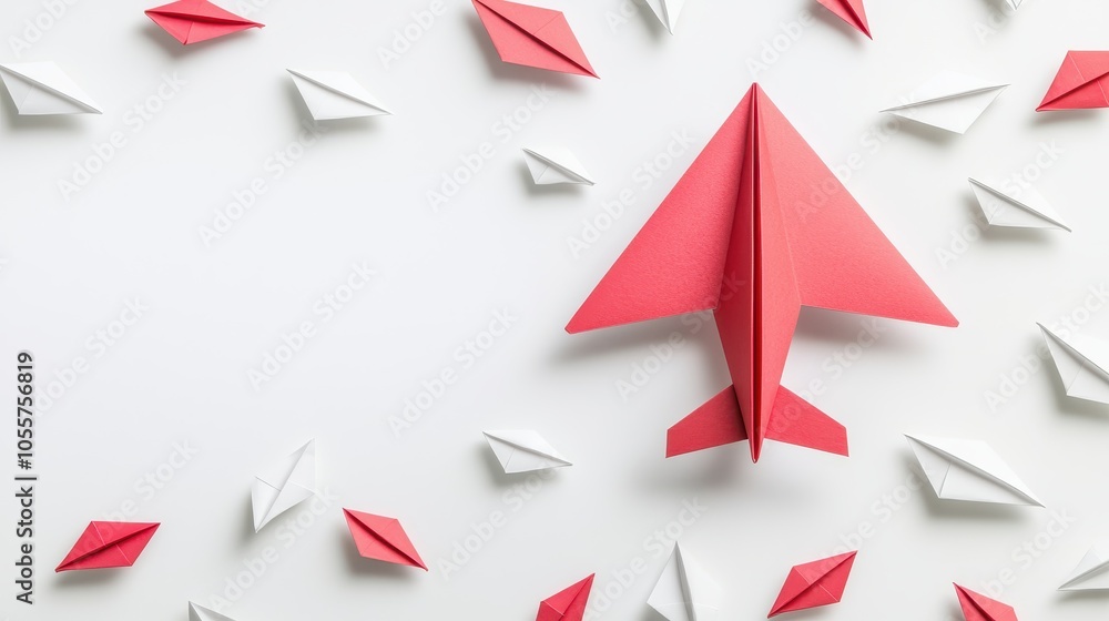 A red paper airplane stands out among smaller white ones, symbolizing leadership and striving for success. A red paper airplane stands out among smaller white ones, symbolizing leadership and striving for success.