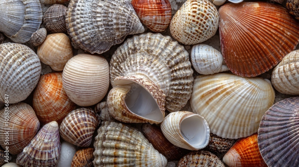 Close up of various cockle shells in muted colors showcasing their intricate textures and patterns Close up of various cockle shells in muted colors showcasing their intricate textures and patterns