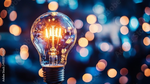 Close-up of glowing filament light bulb with blurred bokeh lights