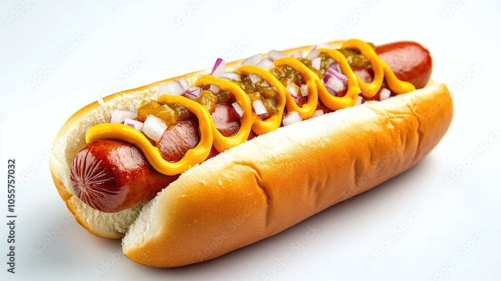 A savory hot dog garnished with mustard onions and relish ideal for summer cookouts and informal get togethers A savory hot dog garnished with mustard onions and relish ideal for summer cookouts and informal get togethers