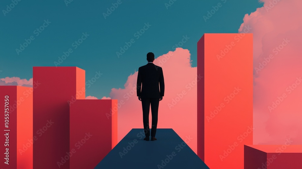 A silhouetted figure stands on a ledge, overlooking vibrant skyscrapers against a colorful sky, symbolizing ambition and introspection. A silhouetted figure stands on a ledge, overlooking vibrant skyscrapers against a colorful sky, symbolizing ambition and introspection.