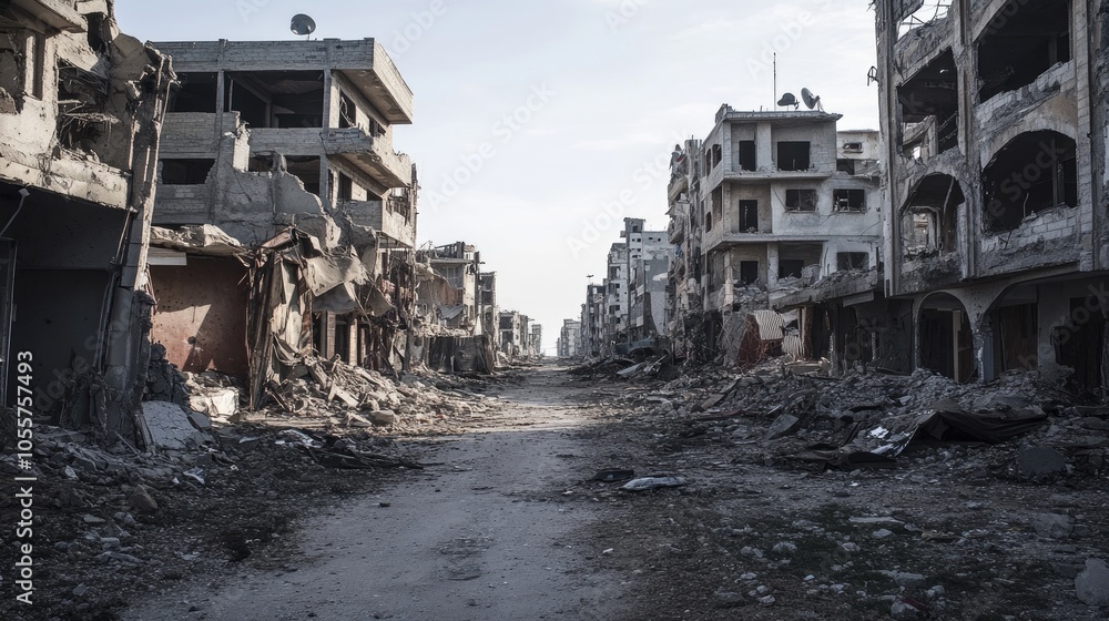 Damaged structures from rocket attacks in an urban area Damaged structures from rocket attacks in an urban area