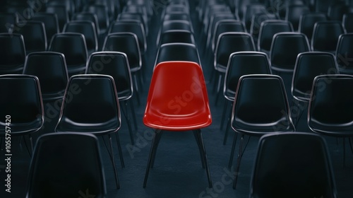 A single red chair stands out among a row of identical black chairs, symbolizing individuality and uniqueness