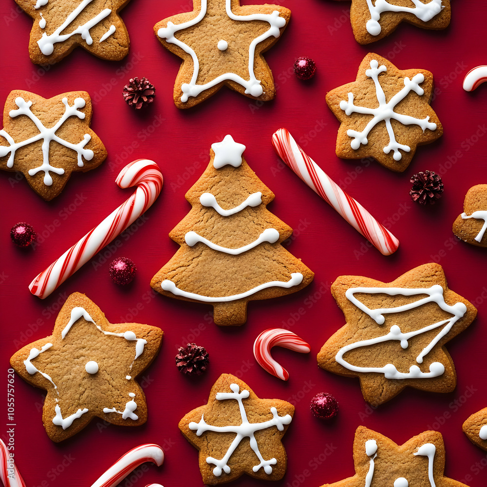 A festive arrangement of gingerbread cookies in various shapes on a red background. A festive arrangement of gingerbread cookies in various shapes on a red background.