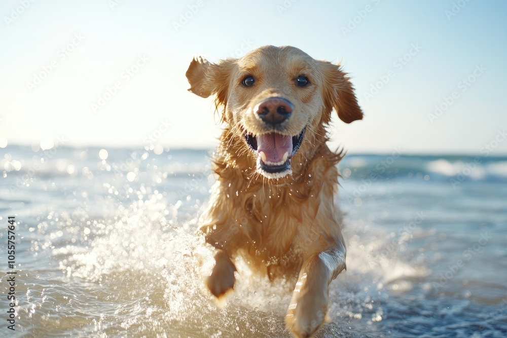 Joyful Dog Running on Beach with Ocean Waves Joyful Dog Running on Beach with Ocean Waves
