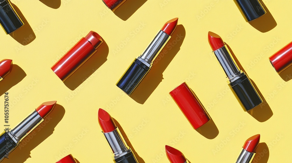Collection of red lipsticks on a pastel yellow background; vibrant and bold, perfect for a beauty theme Collection of red lipsticks on a pastel yellow background; vibrant and bold, perfect for a beauty theme