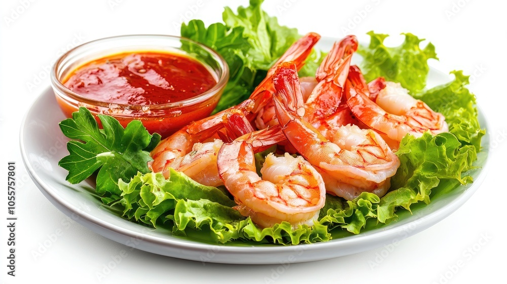 Boiled Shrimps With Lettuce Leaves On Plate And Sauce Isolated On White Boiled Shrimps With Lettuce Leaves On Plate And Sauce Isolated On White