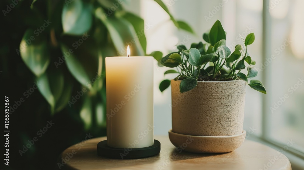 A white candle placed on a table beside a potted plant A white candle placed on a table beside a potted plant