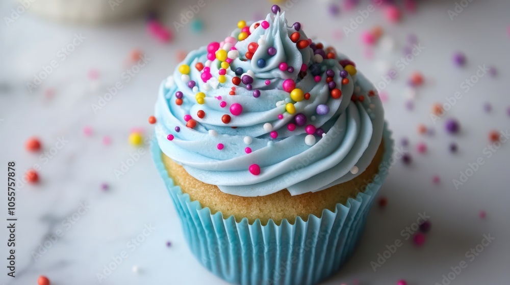 Delicious Treat Light Blue Cupcake Topped with Colorful Sprinkles Delicious Treat Light Blue Cupcake Topped with Colorful Sprinkles