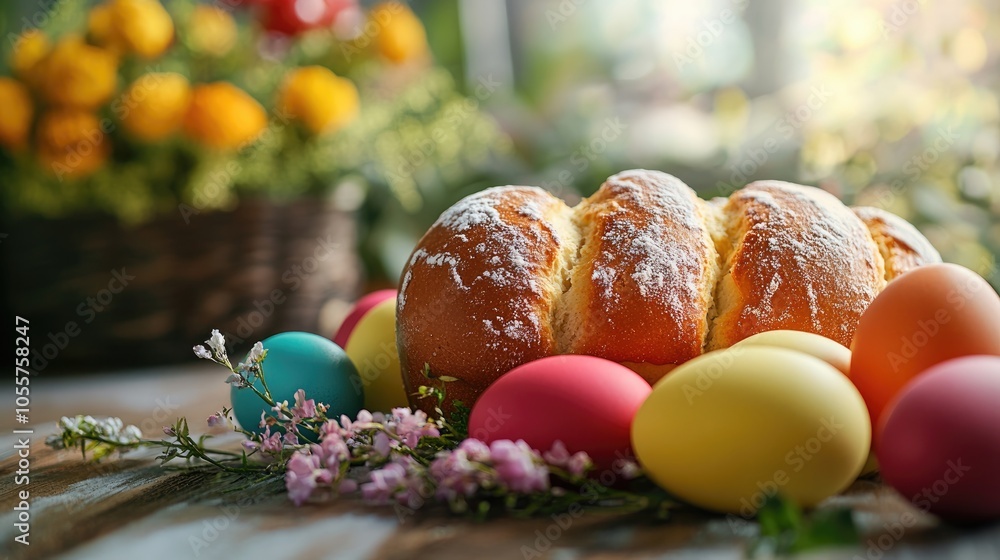 Colorful eggs beside traditional Easter bread symbolizing the festive spirit of springtime celebrations Colorful eggs beside traditional Easter bread symbolizing the festive spirit of springtime celebrations
