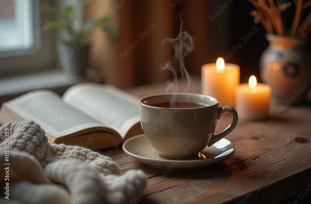 Cup of hot tea, book, knitted scarf and candles on wooden table
Cup of hot tea, book, knitted scarf and candles on wooden table