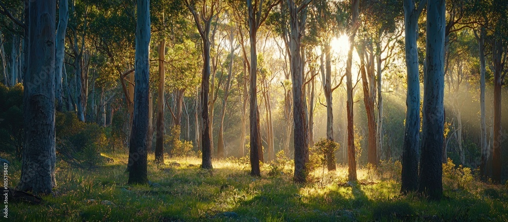 Full Frame View Of Sparkling Morning Sun On A Green Eucalyptus Gum Forest Full Frame View Of Sparkling Morning Sun On A Green Eucalyptus Gum Forest