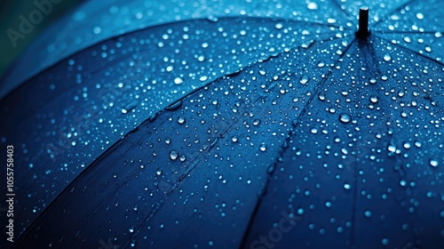 Close up of a blue umbrella featuring raindrops photo