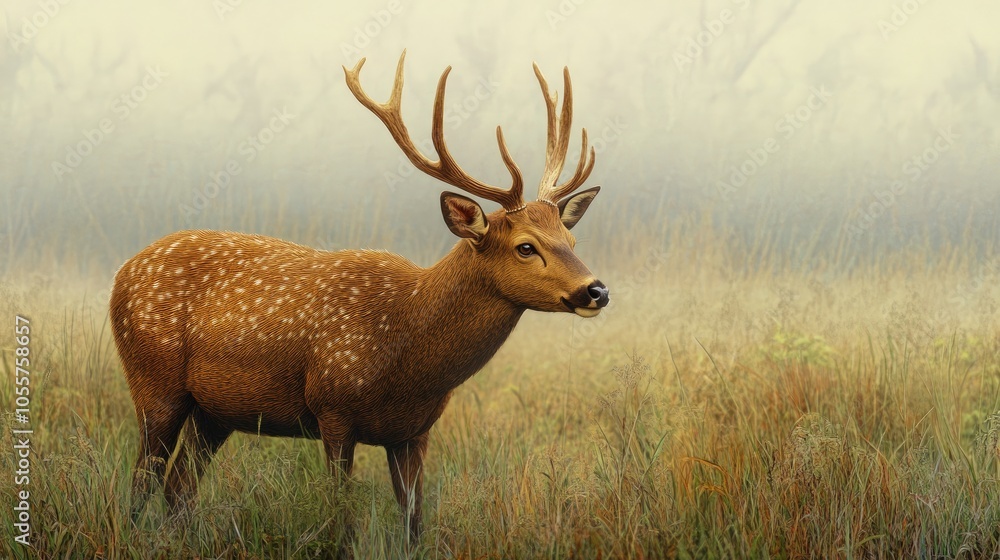 Sambar deer with antlers grazing in a lush grassland setting Sambar deer with antlers grazing in a lush grassland setting
