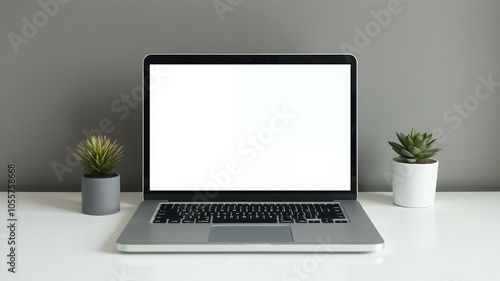 A laptop with a blank screen sits on a white desk with two potted plants.