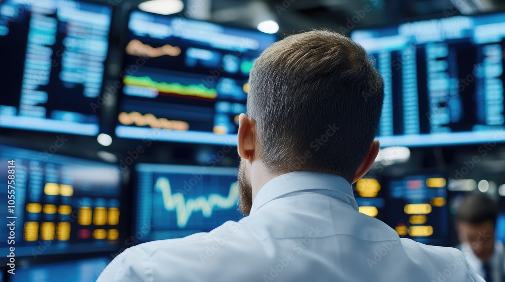Professional Man Analyzing Data in Stock Market Setting Professional Man Analyzing Data in Stock Market Setting