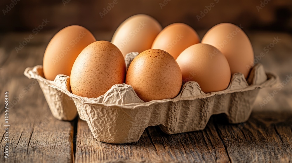 Fresh chicken eggs in a carton placed on a rustic wooden table Fresh chicken eggs in a carton placed on a rustic wooden table