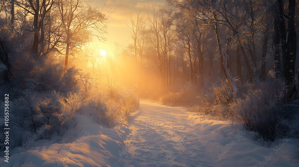 Snowy winter forest path at sunset with golden light streaming through bare trees, featuring frost-covered branches and misty atmospheric scene. Snowy winter forest path at sunset with golden light streaming through bare trees, featuring frost-covered branches and misty atmospheric scene.