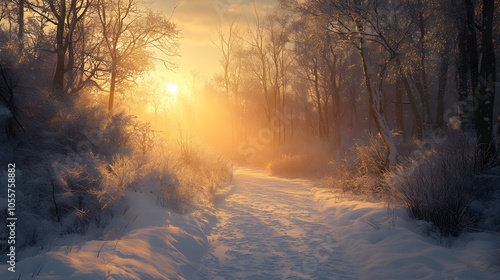 Snowy winter forest path at sunset with golden light streaming through bare trees, featuring frost-covered branches and misty atmospheric scene.