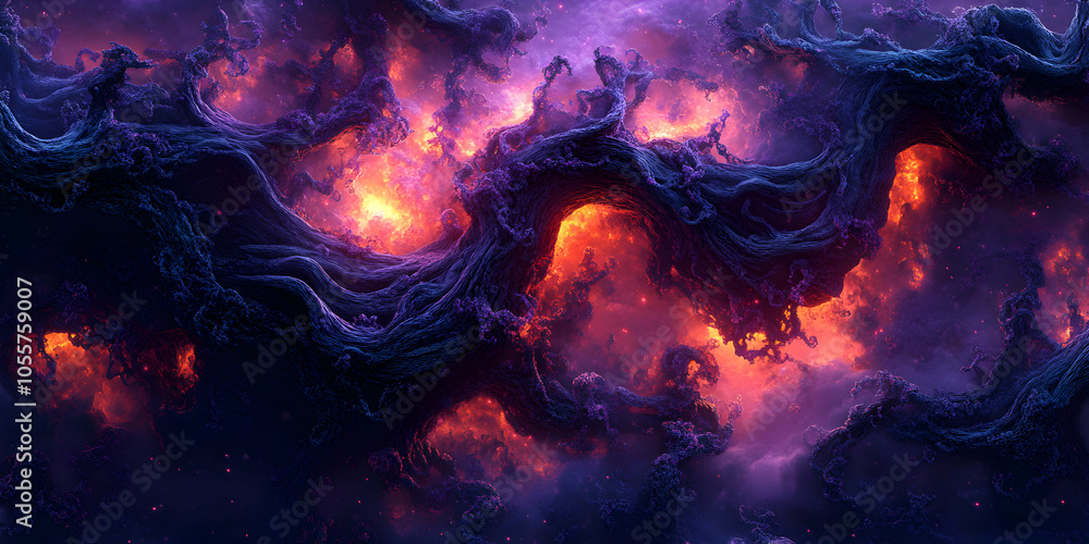 Abstract 3D Rendering of a Purple and Orange Nebula with Intricate Details Abstract 3D Rendering of a Purple and Orange Nebula with Intricate Details