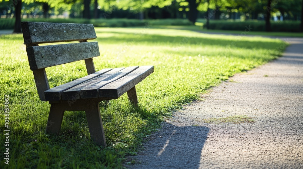 A vacant wooden bench is positioned on the pathway in a park surrounded by lush green grass and a lawn creating a serene atmosphere on a clear summer day A vacant wooden bench is positioned on the pathway in a park surrounded by lush green grass and a lawn creating a serene atmosphere on a clear summer day