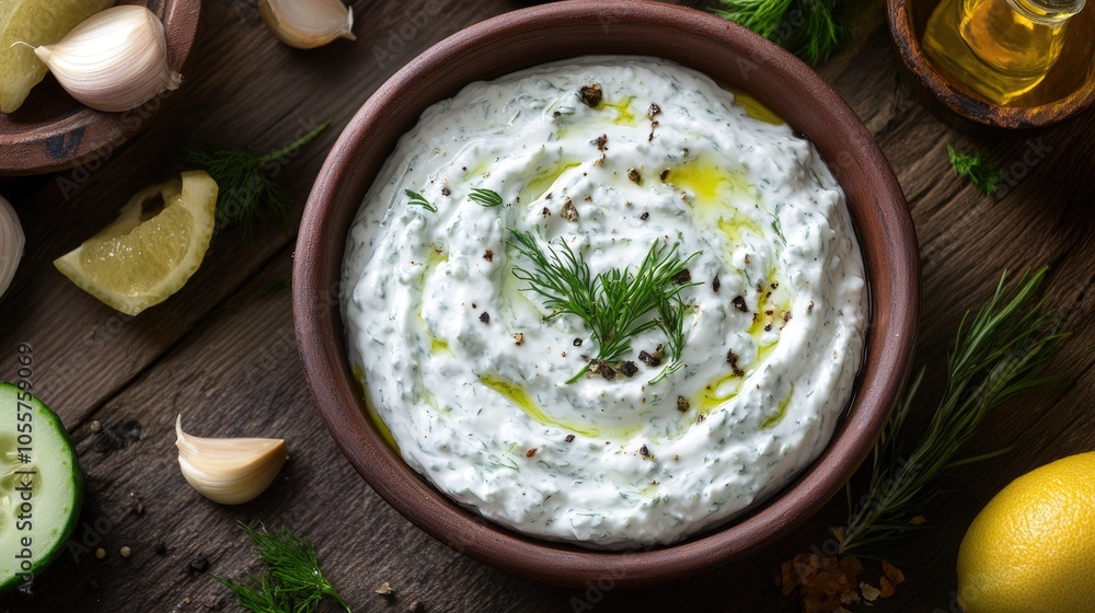 Creamy tzatziki sauce made from sour cream yogurt a classic Mediterranean dip or dressing presented from a top view Creamy tzatziki sauce made from sour cream yogurt a classic Mediterranean dip or dressing presented from a top view