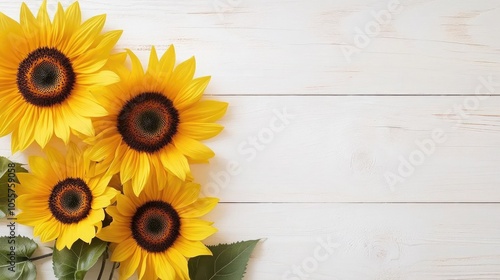 Sunflowers on a white wooden surface for various celebrations including Valentine s Day Mother s Day Easter birthdays and autumn gatherings Flat lay with ample copy space