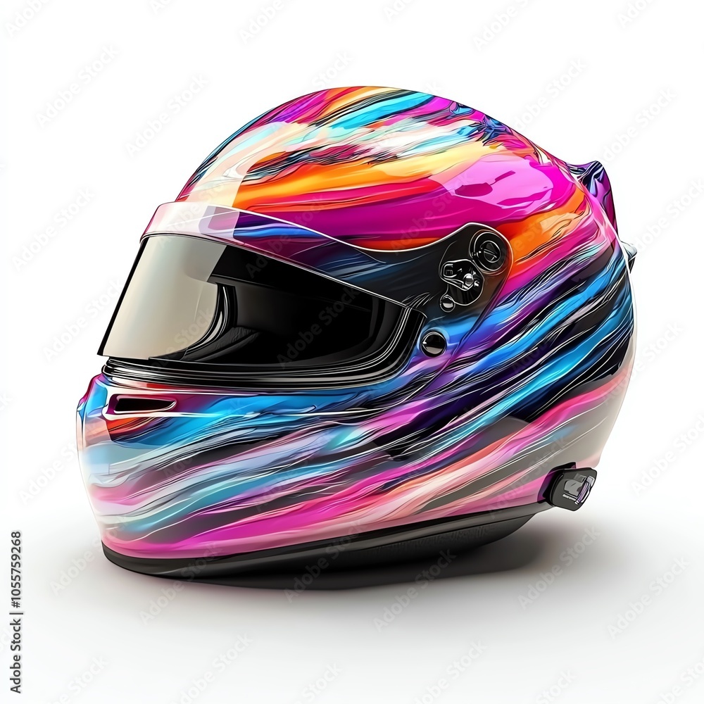 Colorful racing helmet with vibrant patterns on a white isolated background. Colorful racing helmet with vibrant patterns on a white isolated background.